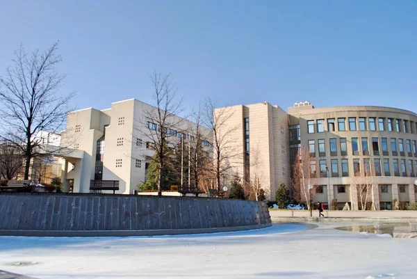 Estudante do sexo masculino caminhando no gelo no campus branco coberto de neve. Bilkent Ancara Turquia — Fotografia de Stock