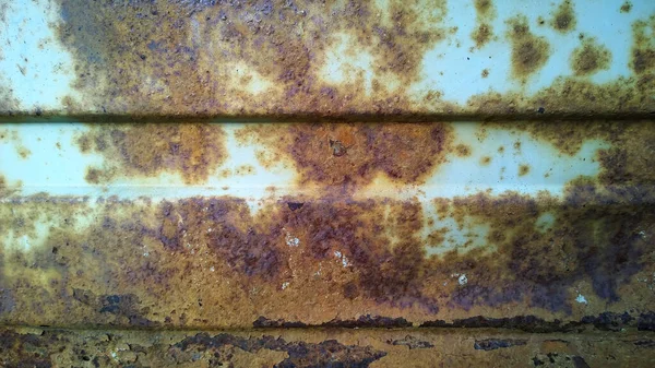 Sheet metal corrosion of an old white car. Rusty messy surface. Damaged grunge texture from road salt. Rust background. Protecting the automobile concept. Repair and paint vehicle without welding.