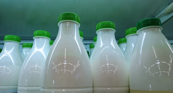 Plastic bottles of farmers milk with green caps on supermarket shelves. Fresh food. Retail industry. Grocery store. Sale. Inflation and price increases concept. Healthy eating. Dairy product. Organic