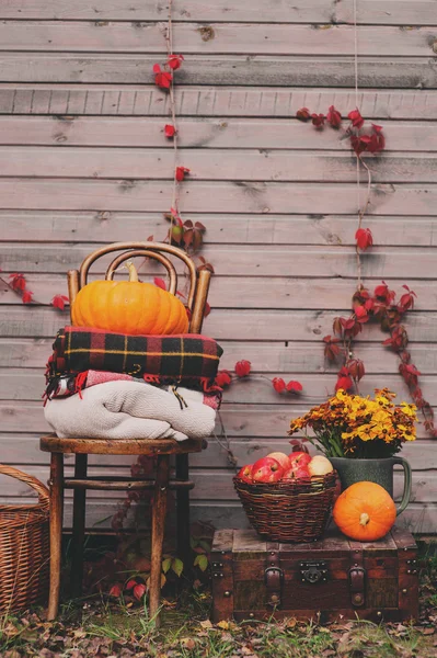 Caer en la casa de campo. Decoraciones de temporada con calabazas, manzanas frescas y flores. Cosecha de otoño en la granja . —  Fotos de Stock