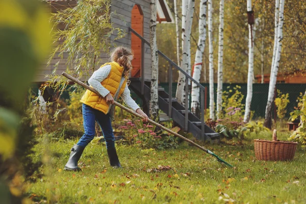 Gelukkig kind meisje spelen kleine tuinman in de herfst en plukken laat in mand. Tuin seizoenarbeid. Achtertuin schoonmaken. — Stockfoto