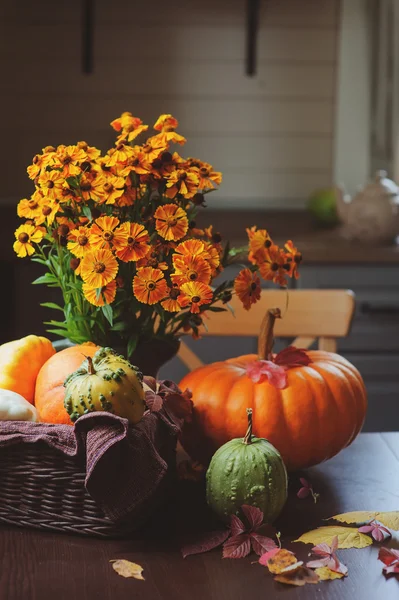 Fresh assorted pumpkins and squash picked up in basket at country house with seasonal flowers — Stock Photo, Image