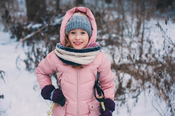 Happy Child Girl Skiing Winter Snowy Forest Spending Holidays Outdoor — Stock Photo, Image