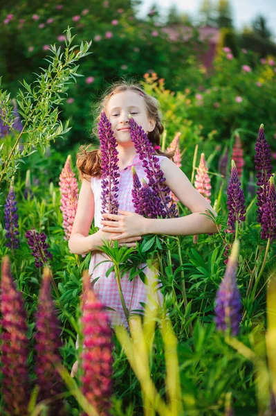 Happy Kid Girl Walking Sunny Summer Meadow Blooming Lupin Flowers — Stock Photo, Image