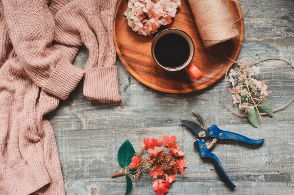 Autumn Summer Garden Table Top View Cozy Sweater Coffee Dried — Stock Photo, Image