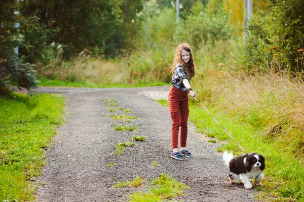 Joyeuse Petite Fille Marchant Avec Son Chien Cavalier Roi Charles — Photo