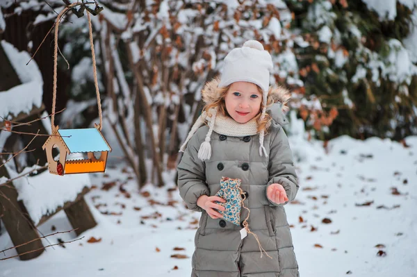 Słodkie dziecko dziewczynka z nasion i dokarmianie ptaków w ogrodzie zima śnieg — Zdjęcie stockowe