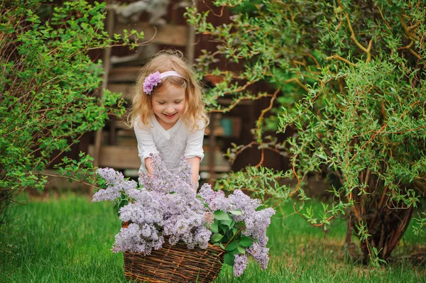 Roztomilá blondýnka dítě dívka v jarní zahradě s košíkem šeřík baví — Stock fotografie