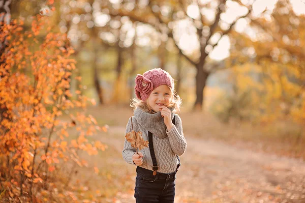Ritratto orizzontale di adorabile bambina in cappello a maglia rosa e maglione grigio sulla passeggiata nella soleggiata foresta autunnale con bastone e foglie — Foto Stock