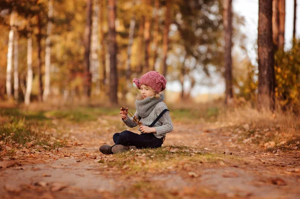Cute child girl in pink knitted hat and grey sweater sitting on the road on the walk in sunny autumn forest — Stock Photo, Image