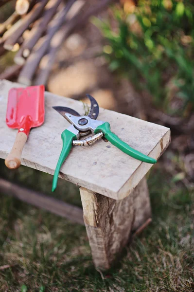 Červená lopata, zelené nůžky na stoličce v jarní zahradě — Stock fotografie