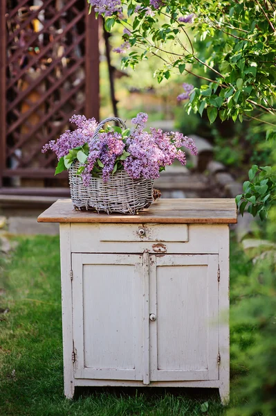 Cesta com buquê de lilases no bureau de madeira vintage no jardim da primavera — Fotografia de Stock
