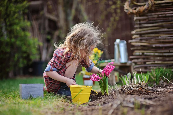 Gyermek lány játszik a kis Kertész és telepítési Jácint virágok tavaszi kert — Stock Fotó