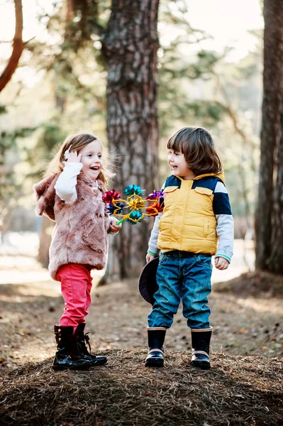 Toddler friends are happy playing whirligig in sunny forest — Stock Photo, Image