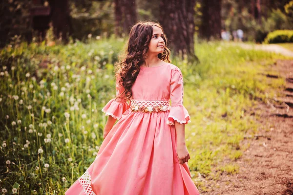 Niña en vestido de princesa cuento de hadas rosa — Foto de Stock