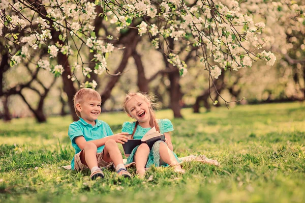 Feliz hermano y hermana leyendo libro — Foto de Stock