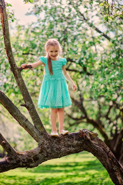 Child girl climbing apple tree — Stock Photo, Image