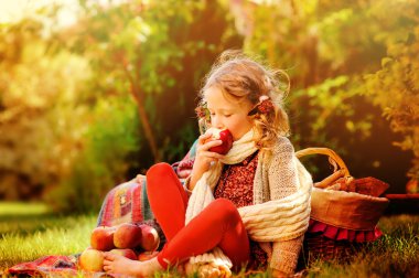 güneşli sonbahar bahçede Kırmızı elma yeme beyaz örme Fularlı Kız mutlu çocuk