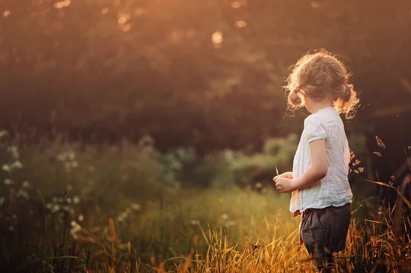Söta glada 5 år gamla barn flicka på promenad i sommar — Stockfoto