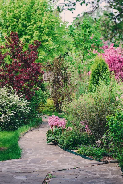 Giardino all'inglese in primavera. Bella vista con alberi in fiore e arbusti. Percorso di pietra . — Foto Stock