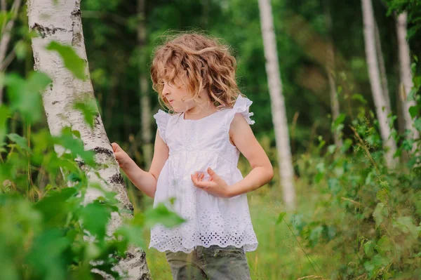 Söta barn flicka vandrar i sommar skog med björkar. Natur utforskning med barn. Landsbygdens utomhusaktiviteter. — Stockfoto