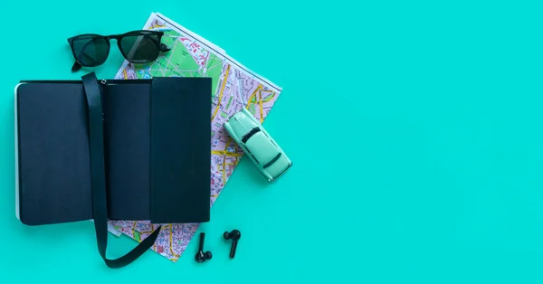 Fashion men accessories and devices on turquoise background. View from top, Flat lay and copy space — Stock Photo, Image