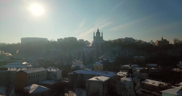 Aerial drone view of Podil is the historical center of Kyiv in winter. — Stock Video