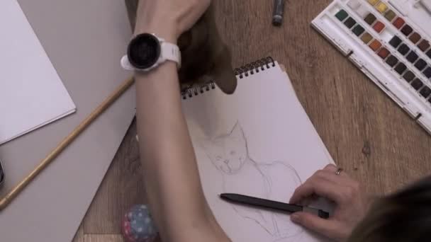 Η καλλιτέχνης κάνει ένα σκίτσο στο σπίτι με τη γάτα της. Εργασία με κατοικίδια ζώα — Αρχείο Βίντεο