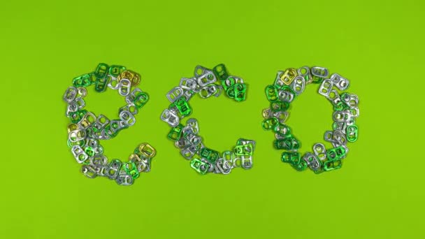 ECO word with aluminum pull tabs stop motion animation — Stock Video