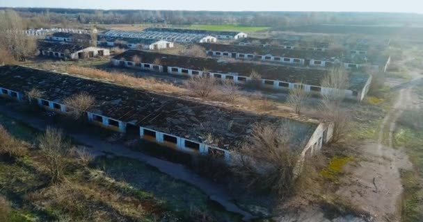 Flygfoto av förstörda byggnader av ko gård på landsbygden, Ukraina. — Stockvideo