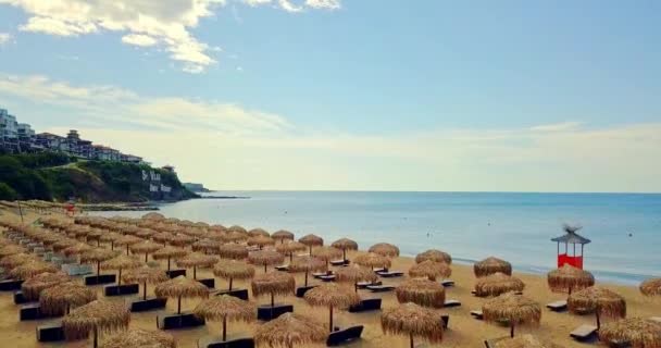 Drone view on reed paraplyer på sandstranden, Bulgarien — Stockvideo