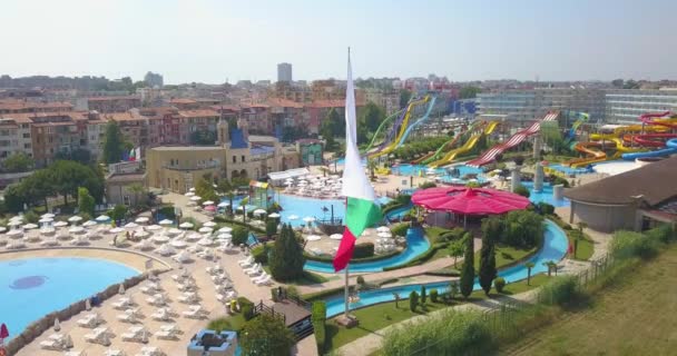 Aerial view of aquapark and large Bulgarian flag — Stock Video