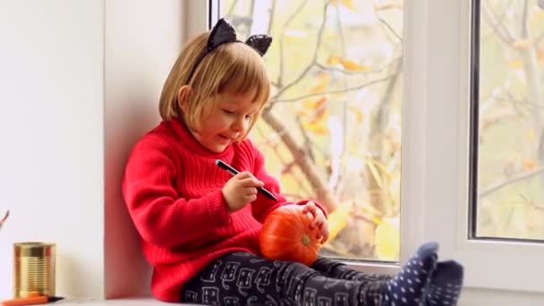 Cute Little Girl painting pumpkin for halloween at home — 图库视频影像