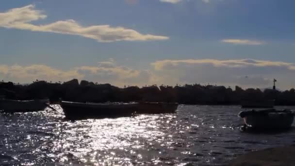 Waterscape. Moored boats in the bay — Stok Video