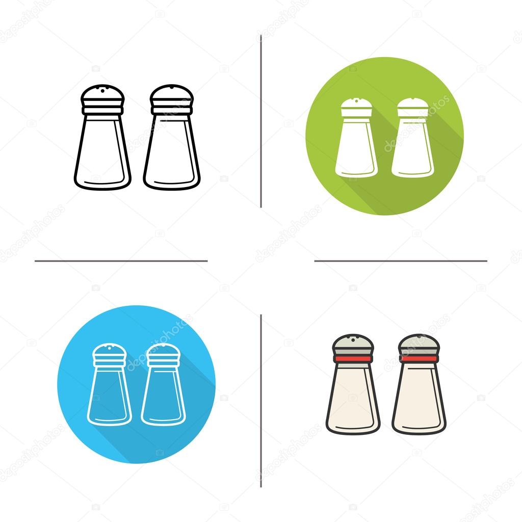 Salt and pepper shakers flat design, linear and color icons set. Kitchen tools items.