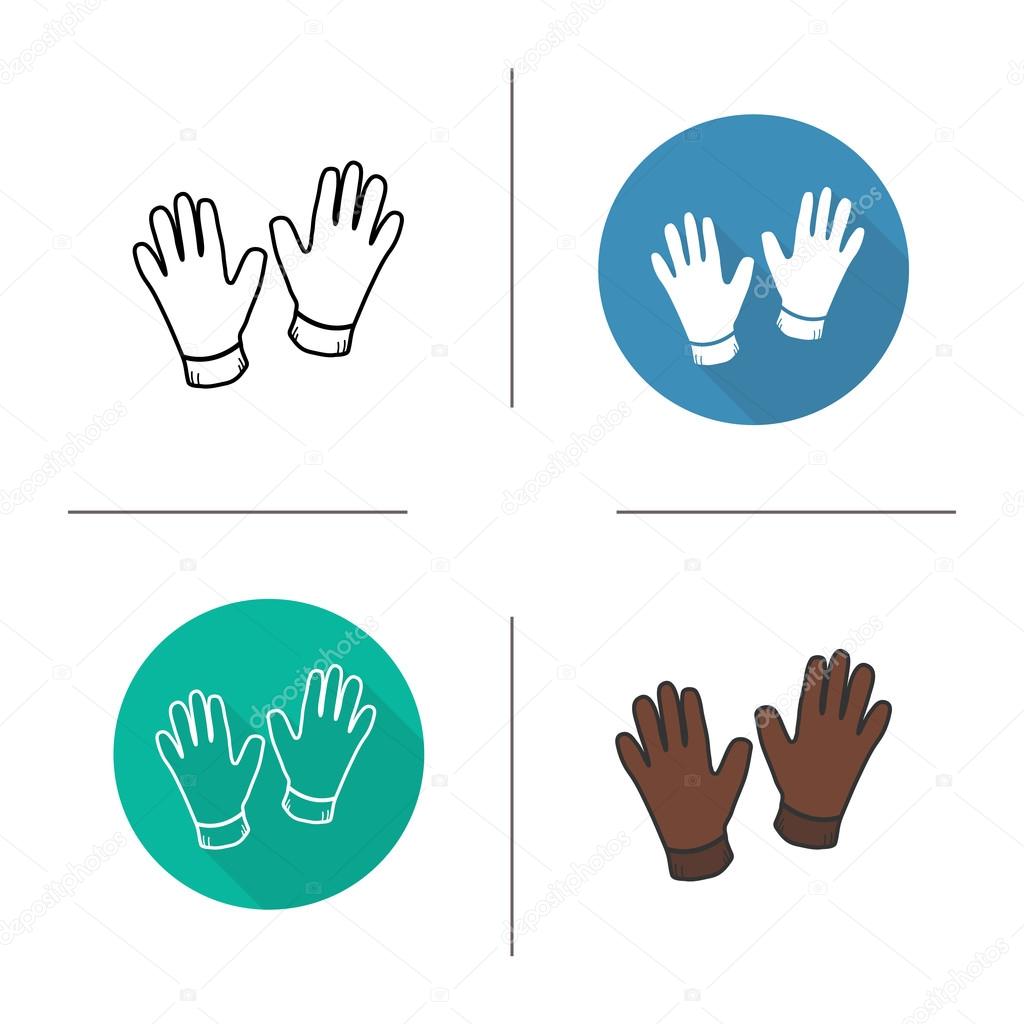 Gloves flat design, linear and color icons set. Men's fashion classic leather gloves. Construction work gloves. Medical and surgical gloves.