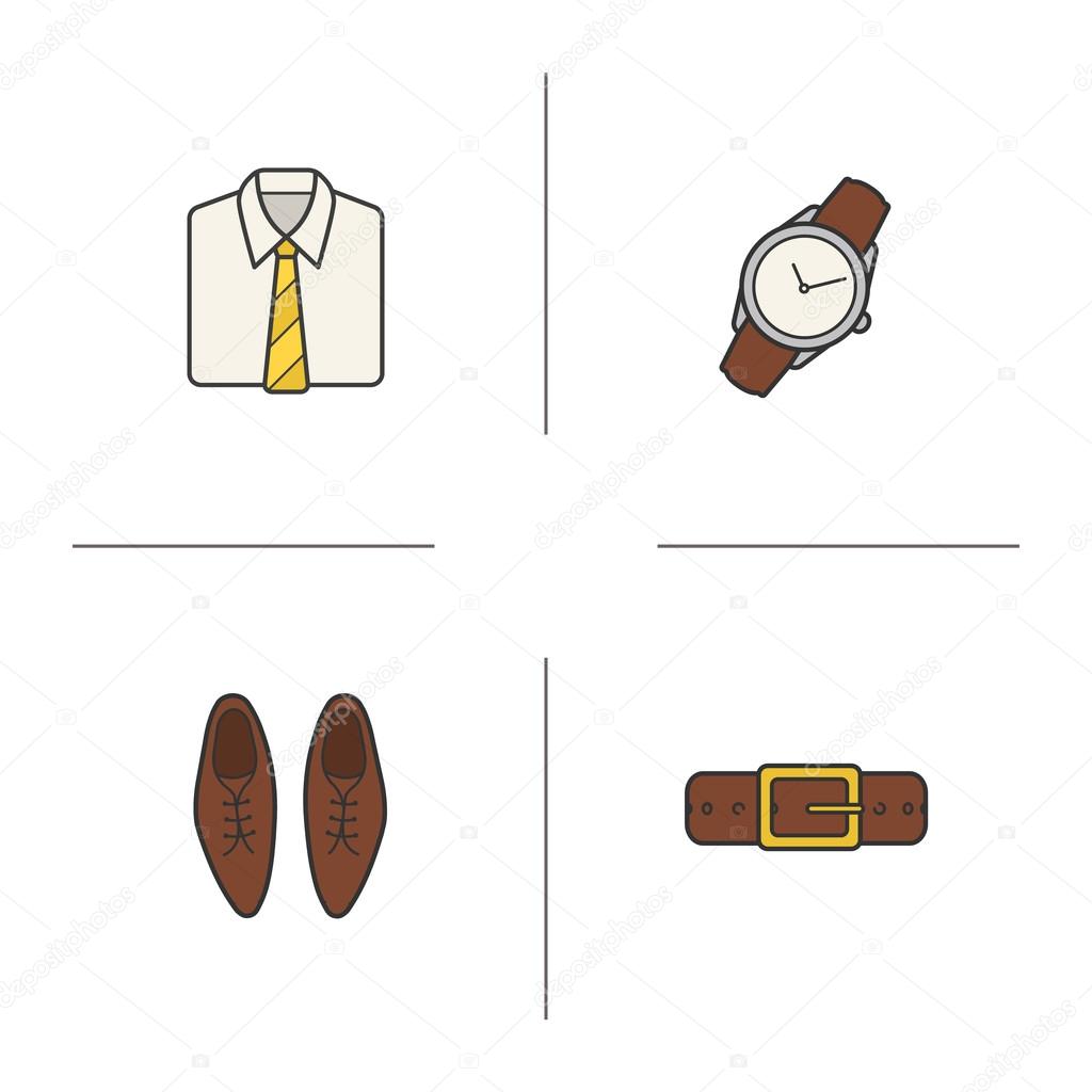 Men's accessories color icons set. White collar shirt with tie, wristwatch, leather belt and classic shoes. Menswear fashion items. Office dress code. Logo concepts. Vector isolated illustrations