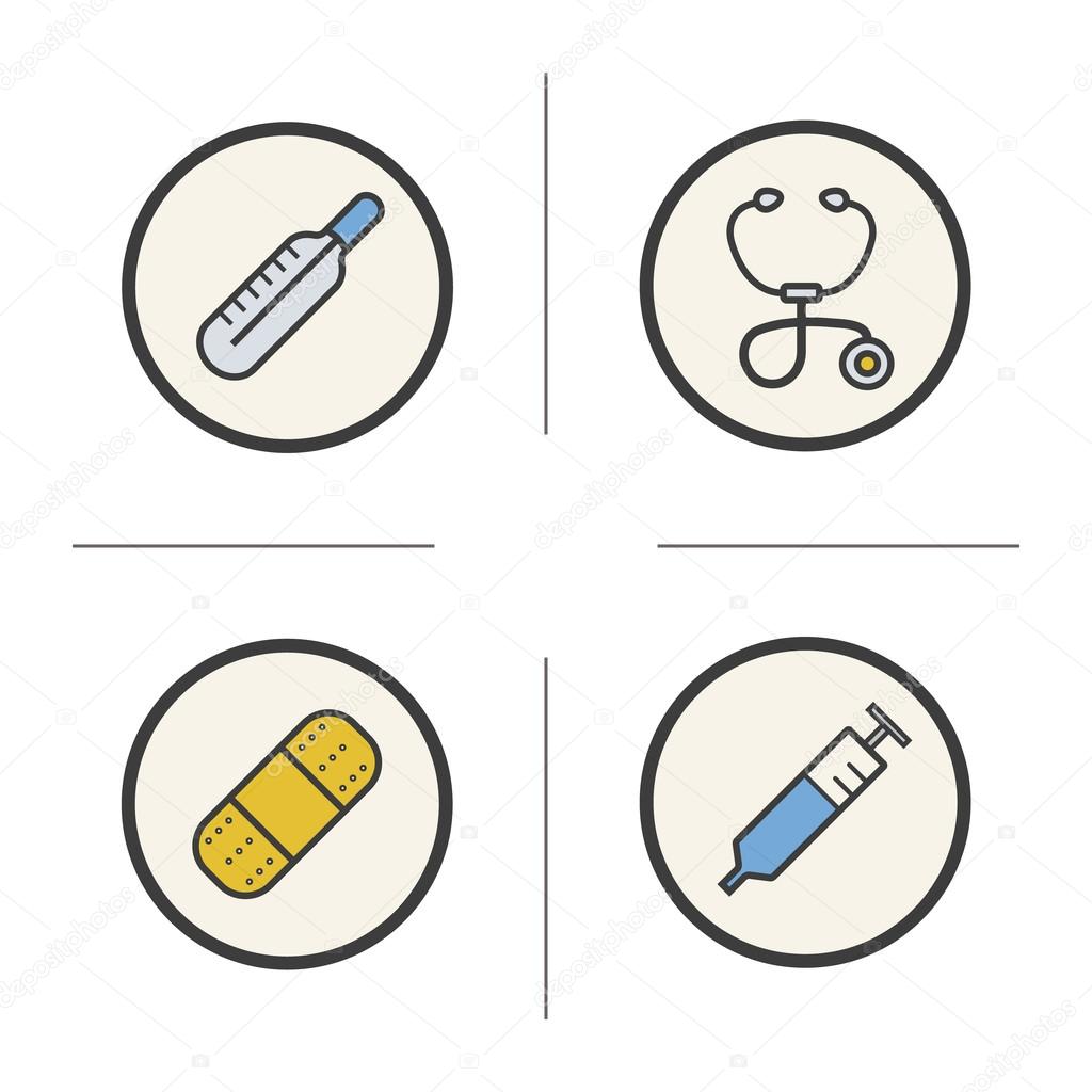Medical equipment color icons set. Thermometer, stethoscope, medical bandaid adhesive plaster and syringe.
