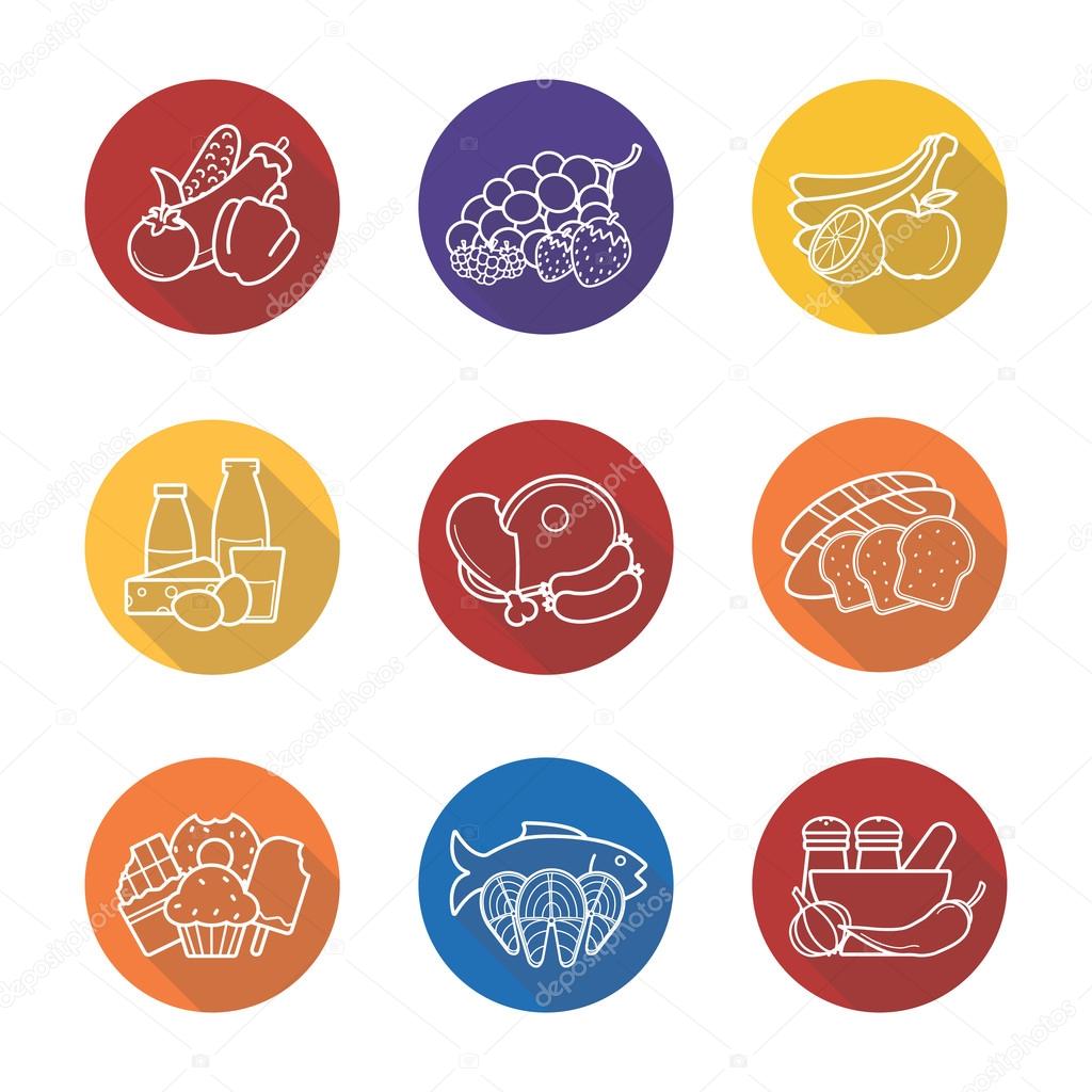 Grocery store items flat linear long shadow icons set. Outline logo concepts. Vector line art illustrations