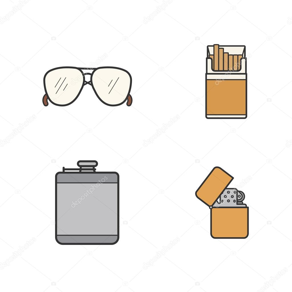 Men's accessories color icons set. Alcohol hip flask, open cigarette pack, sunglasses and flip lighter symbols.