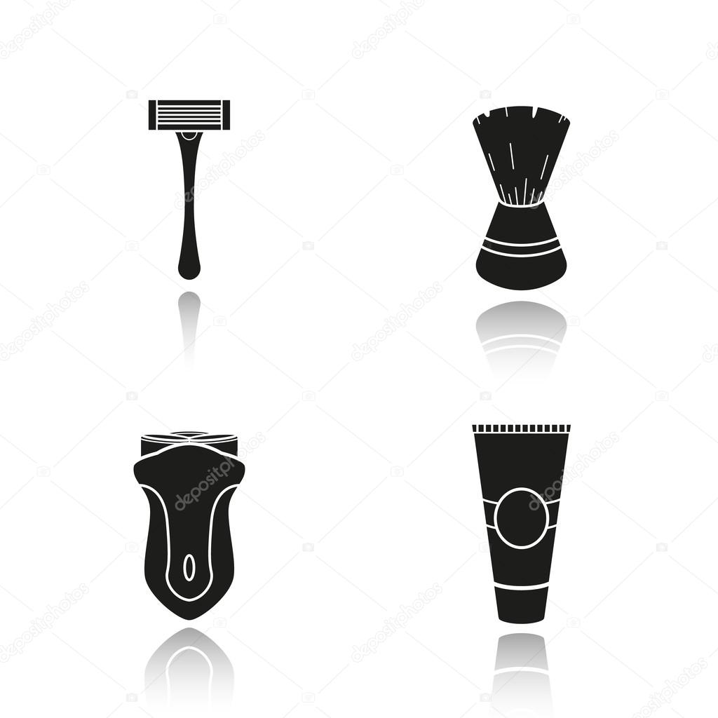 Men's shaving accessories drop shadow icons set. Shaving razor, shaving brush, electric shaver and aftershave cream. Facial hair grooming kit. Barbershop equipment.  Logo concept. Vector illustration
