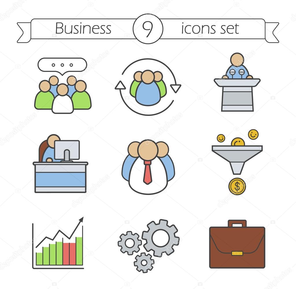 Business color icons set. Work and business icons. Team communication, sales funnel and office workers. Conference speaker podium and growth chart. Logo concepts. Vector isolated illustration