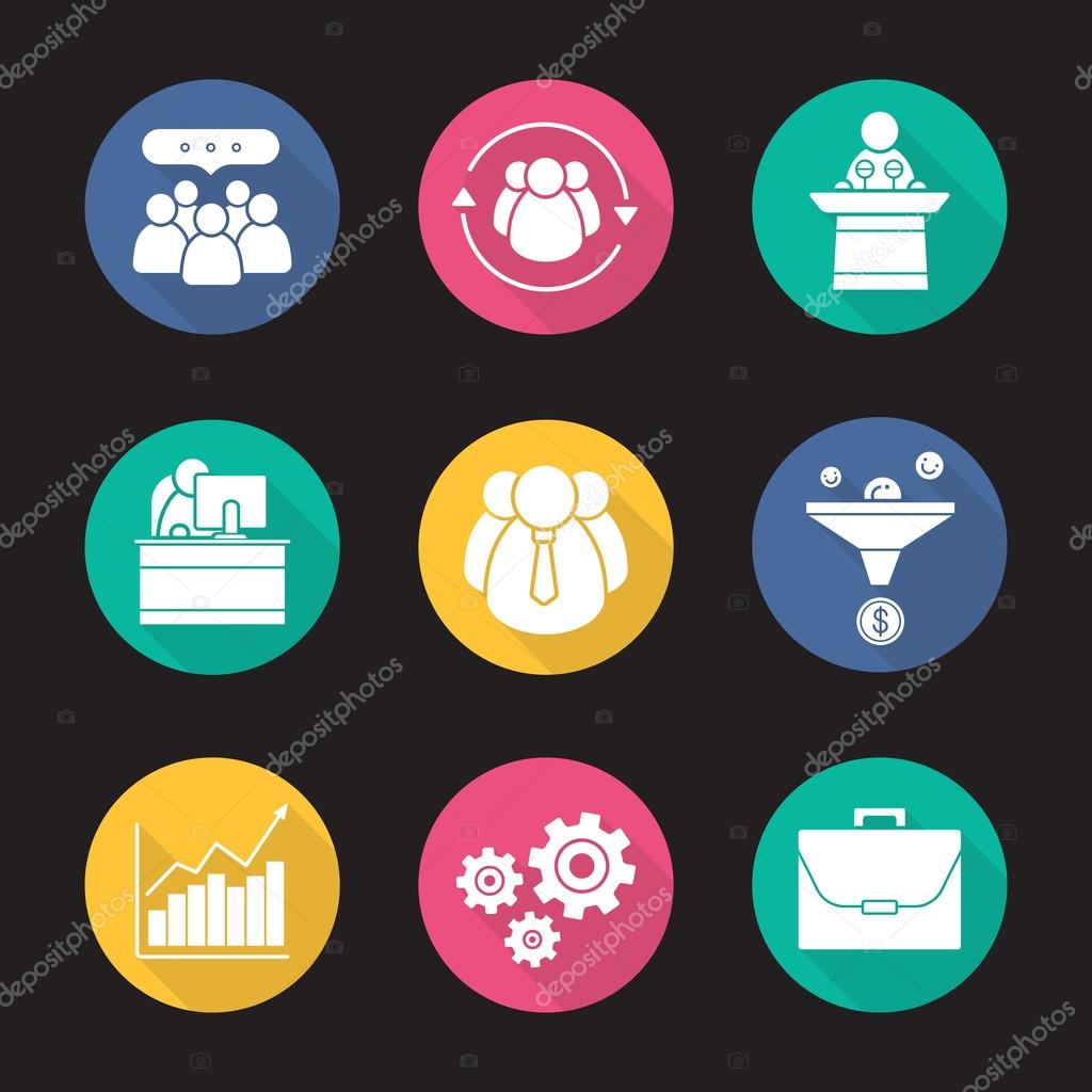 Business flat design long shadow icons set. Team communication, sales funnel and office workers. Conference speaker podium and growth chart. Work and business. Vector symbols