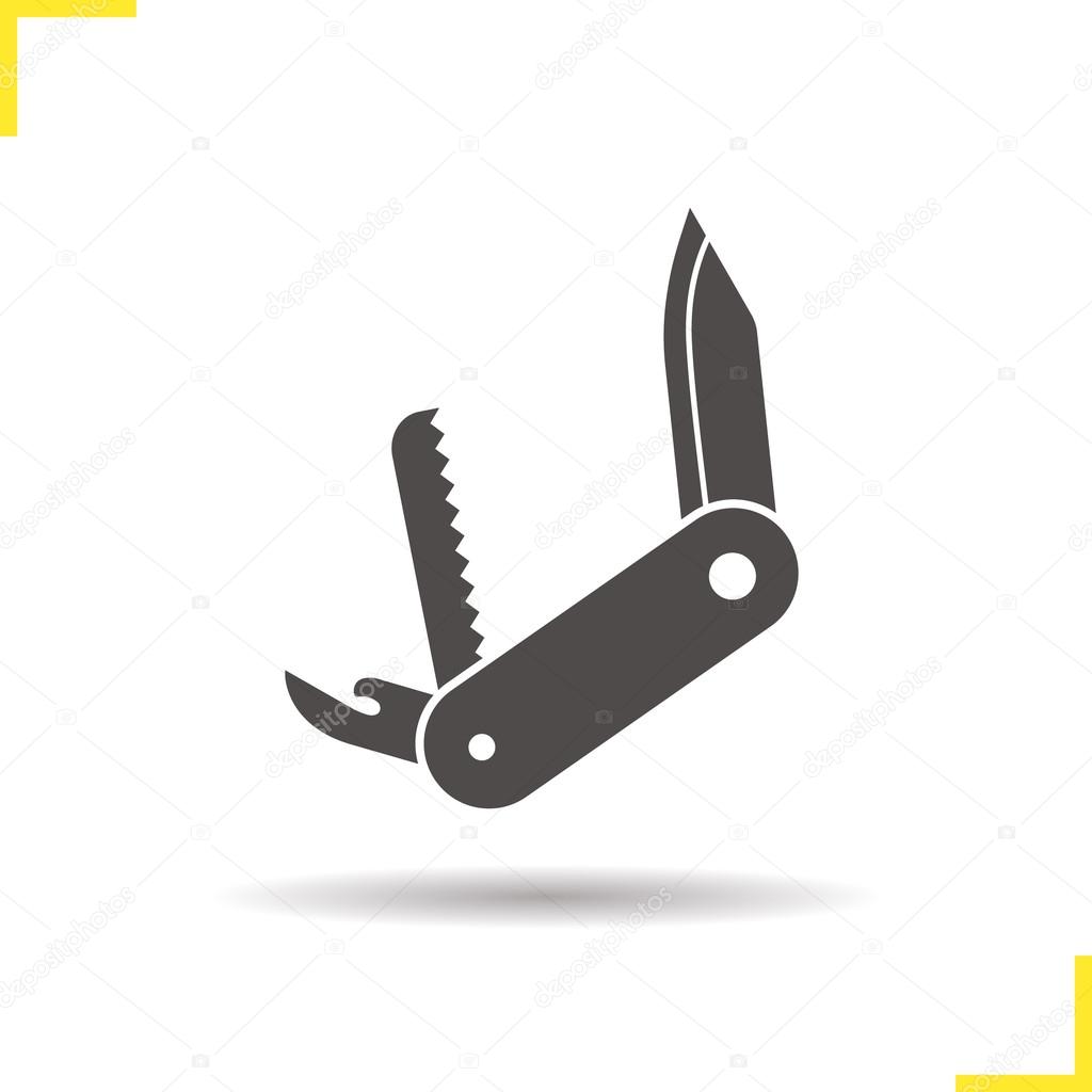 Pocket knife icon. Isolated pocket knife illustration. Drop shadow penknife icon. Multifunctional tourist's pocket knife. Pocket knife logo concept. Vector penknife. Silhouette pocket knife symbol