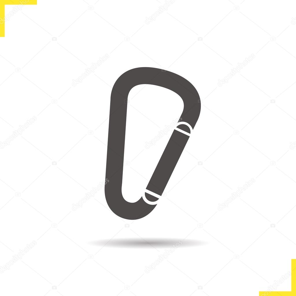 Drop shadow karabiner silhouette symbol. Metal mountaineering safety equipment. Carabiner logo concept. Vector karabiner isolated illustration