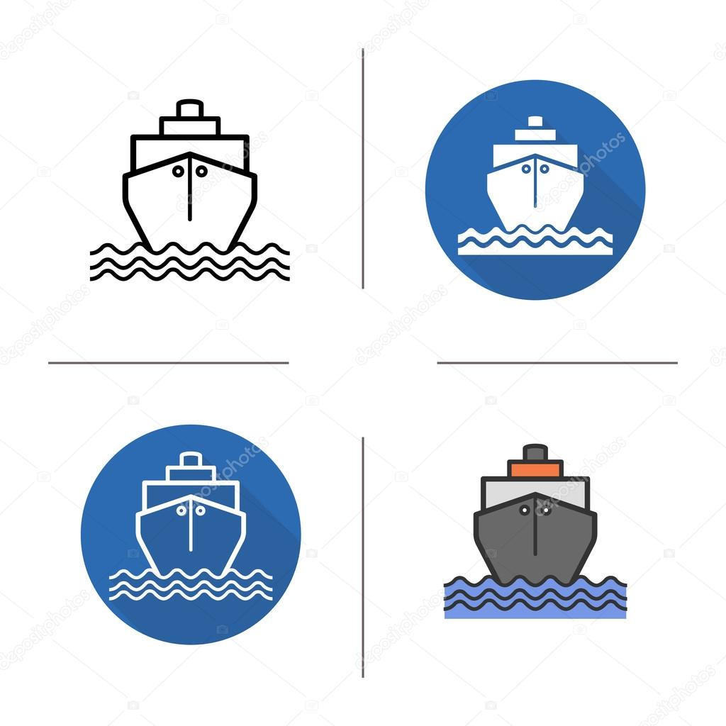 Ship flat design, linear and color icons set. Sea transportation vessel. Shipping. Contour and long shadow symbols. Ship logo concepts. Isolated vector illustration. Infographic elements