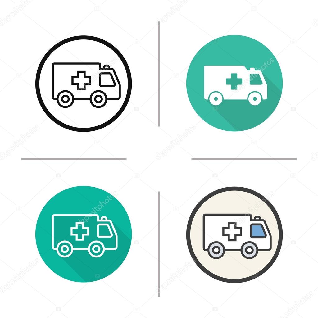 Ambulance flat design, linear and color icons set. Hospital trasnport. Emergency cars. Contour and long shadow symbols. Ambulance logo concepts. Isolated vector illustration. Infographic elements