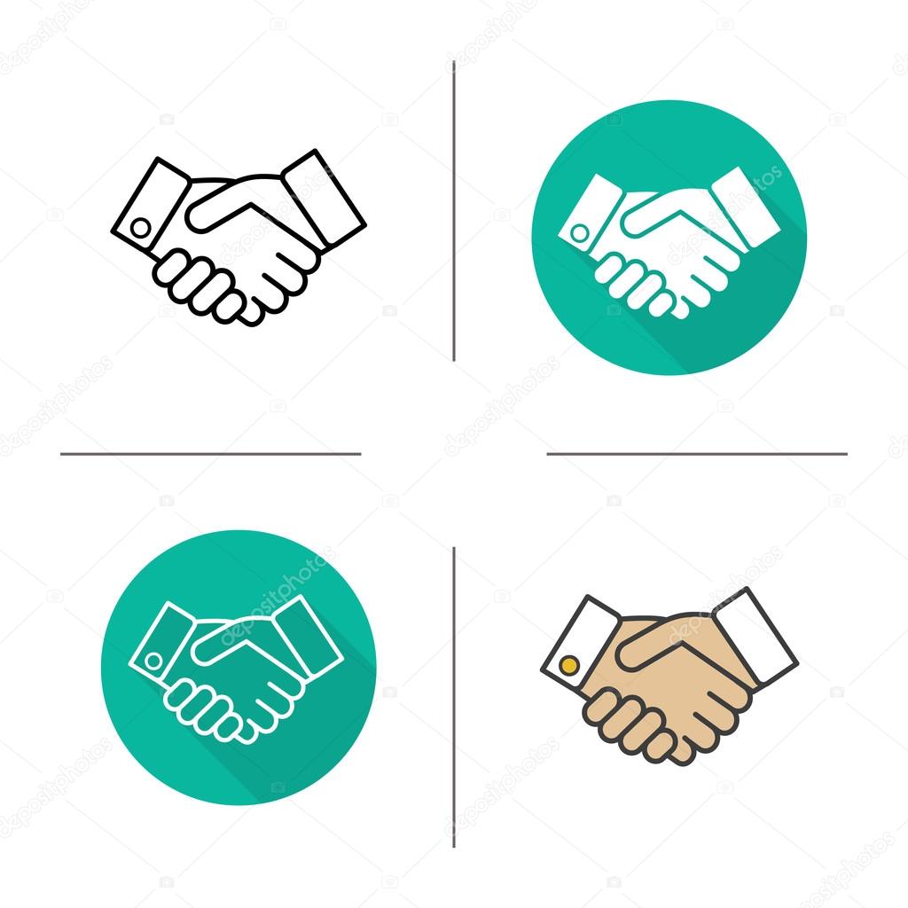 Handshake flat design, linear and color icons set. Business agreement. Partnership. Contour and long shadow symbols. Shaking hands logo concepts. Isolated vector illustration. Infographic elements