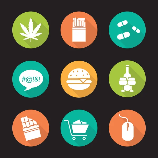 Set de iconos de diseño plano de malos hábitos — Vector de stock