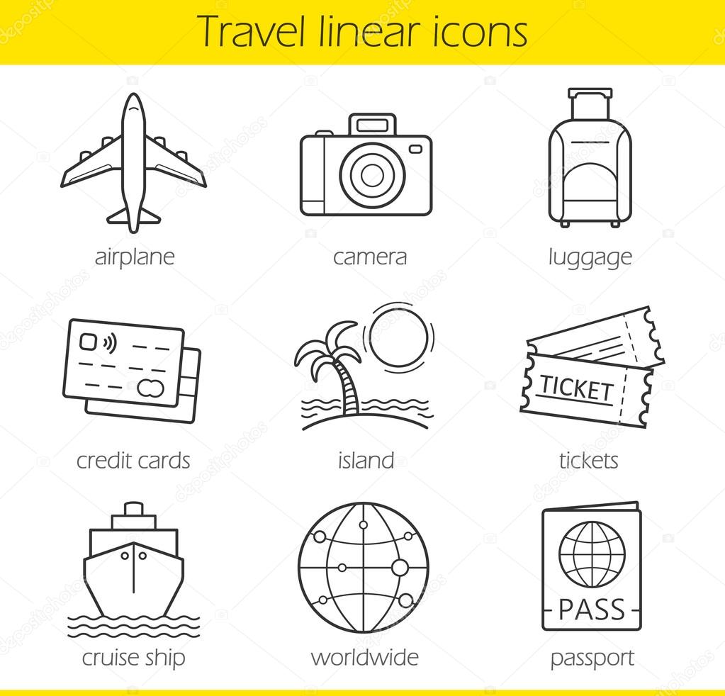 Travelling linear icons set. Airplane, camera, lugagge, credit cards, island, tickets, cruise ship, worldwide and passport symbols. Thin line. Isolated vector illustration